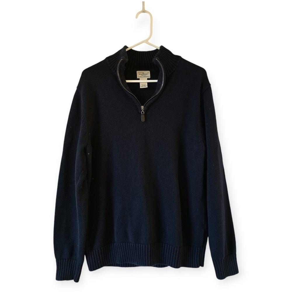 Vintage L.L. Bean Navy Blue Quarter Zip Unisex Cotton Sweater